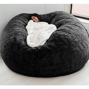 Giant Fur Bean Bag Chair Cover for Kids Adults, (No Filler) Living Room Furniture Big Round Soft Fluffy Faux Fur Beanbag Lazy Sofa Bed Cover (Black, 6FT)
