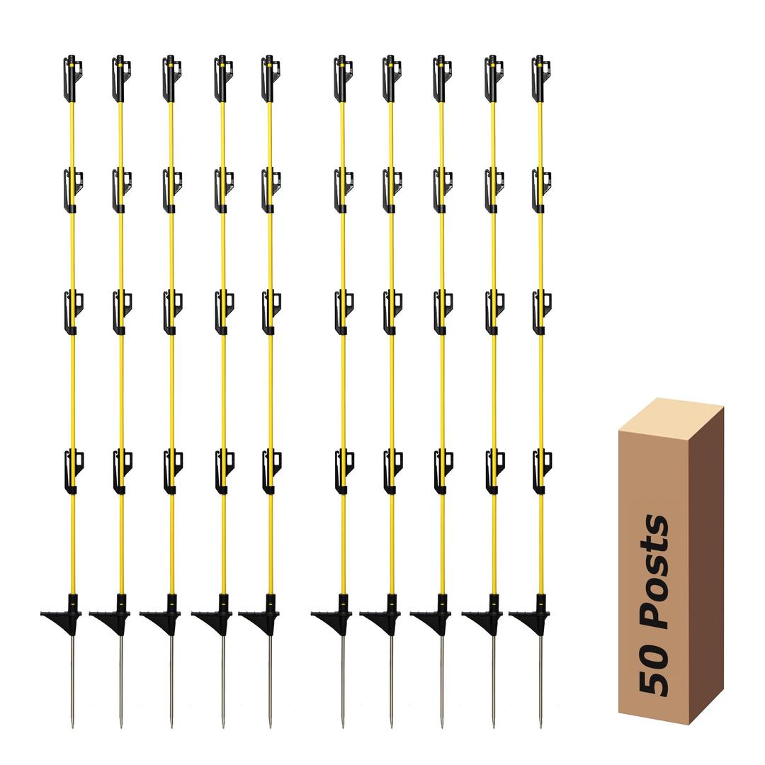 BEIYI 48 Inches Electric Fence Fiberglass Posts, 50 Pack Step in Electric Fence Post, Temporary Portable Fence Stakes for Livestock, Big Insulator, Yellow