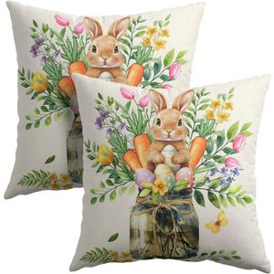 Easter Bunny Carrots Throw Pillow Covers 18X18 Inches Set of 2 Spring Colorful Floral Green Leaves Mason Jar Pillowcase Soft Cotton Linen Square Spring Cushion Covers for Home Sofa Bedroom
