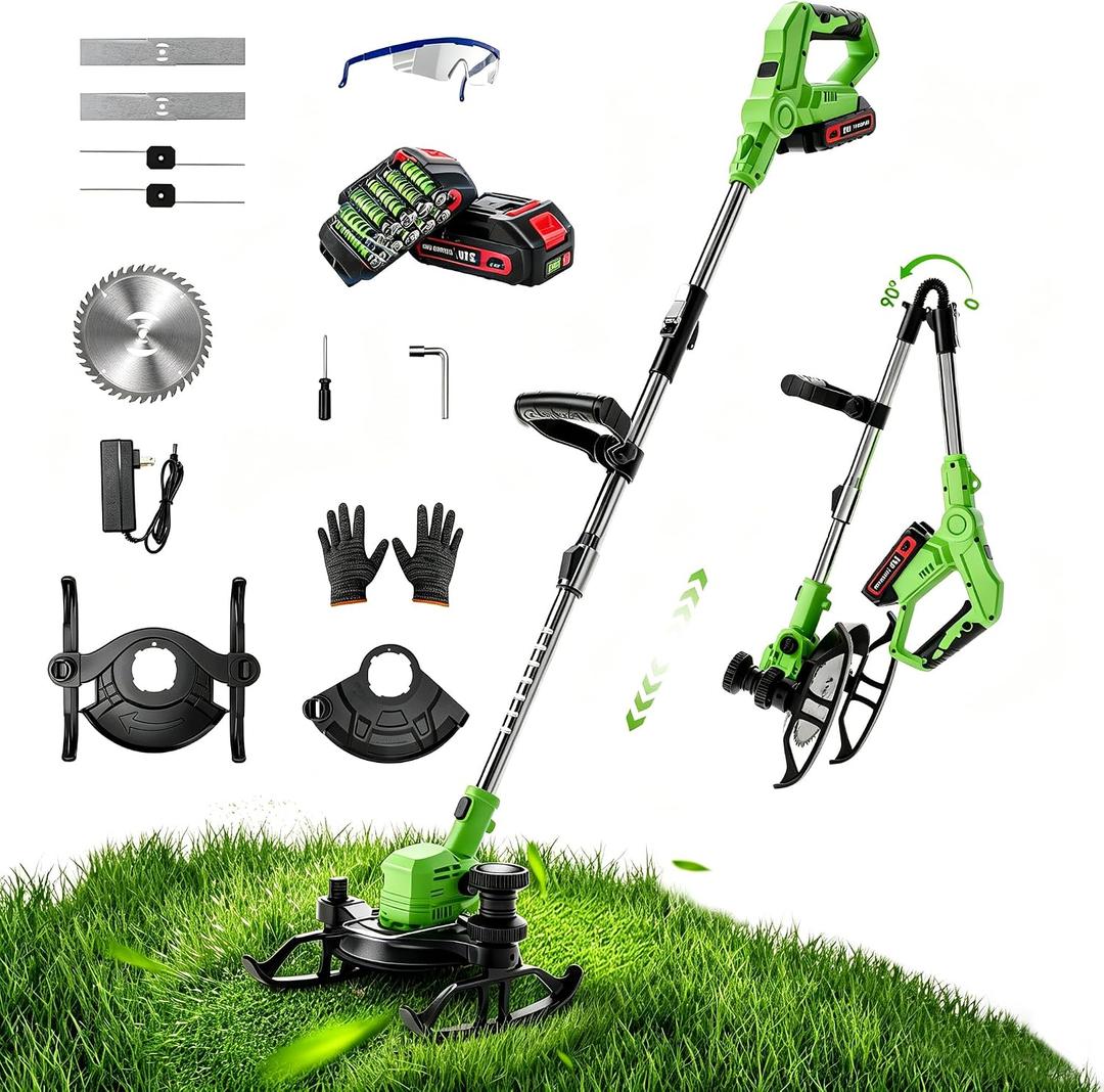 Cordless Weed Wacker, 21V Lightweight Electric Trimmer with 2 x 21V Batteries & Charger 3-in-1 Grass Trimmer/Brush Cutter/Lawn Edger for Lawn Care