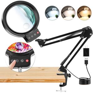10X 30X Large Magnifying Glass with Light and Clamp,Clip on Lighted Magnifier,72 LED Stepless Dimmable Desk Magnifying Lamp Hands Free for Crafts Hobby Reading Painting Sewing Close Work