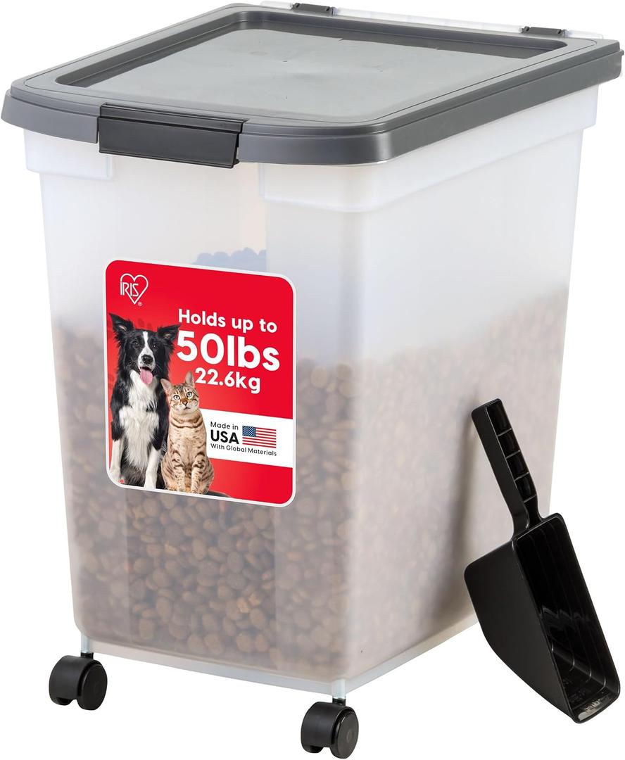 IRIS USA Dog Food Storage Container 50 lbs, with Removable Rolling Wheels & Included Scoop, for Dog Cat Bird and Other Pets, Food Storage Bin, Keep Fresh, Made in USA, Clear/Dark Gray