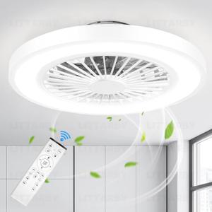 Ceiling Fans with Lights and Remote, 22 Inch Enclosed Bladeless Dimmable Ceiling Fans Flush Mount, Black Modern Low Profile Ceiling Fan with Light for Bedroom, Kitchen, Living Room, Dining Room