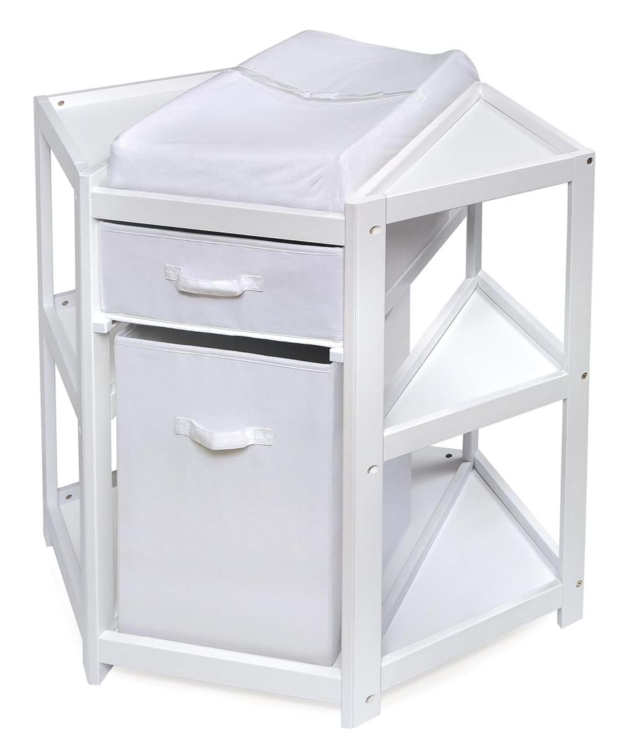 Badger Basket Corner Baby Changing Table - Space-Saving Diaper Changing Station for Nursery with Storage Bin, Changing Pad and Safety Belt - Organizer for Newborn and Infant Essentials - White