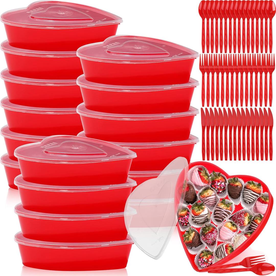 16 Sets Valentine's Day Heart Shaped Storage Containers 17 oz Plastic Heart Box with Lids Food Containers Dessert Cups Disposable Spoons Forks Knives for Party Wedding Supplies