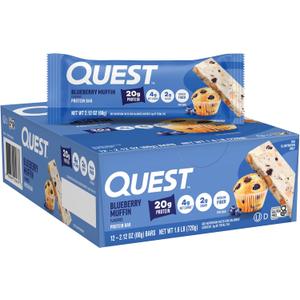 Quest Nutrition Blueberry Muffin Protein Bars, 20g Protein, 2g Sugar, 5g Net Carb, High Fiber, Gluten Free, Keto Friendly, 12 Count, BBD: 02.04.2026