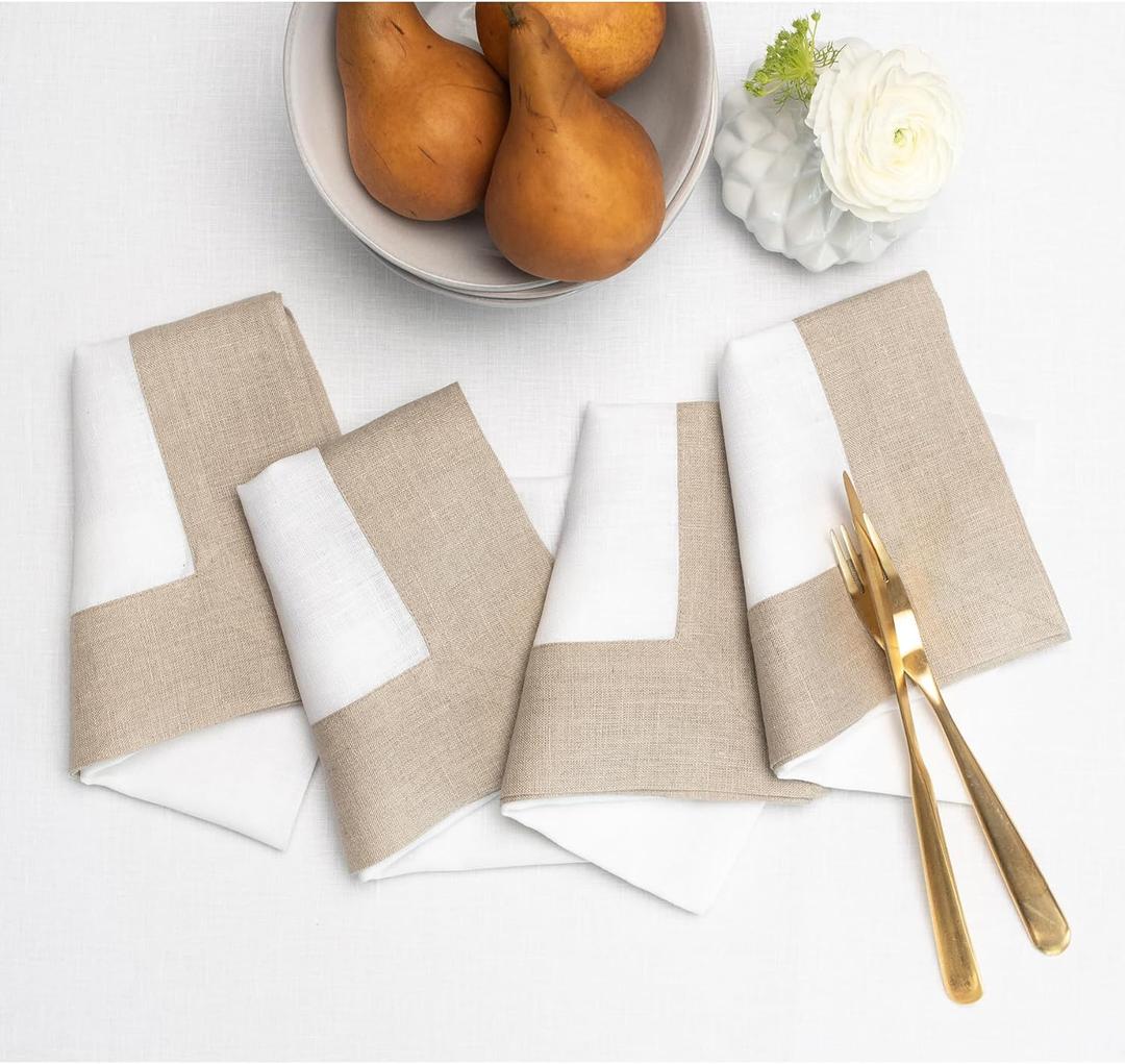 Solino Home Linen Napkins Set of 4-100% Pure Linen Natural and White Dinner Napkins Cloth 20 x 20 Inch for Summer - Contempo, Handcrafted and Machine Washable