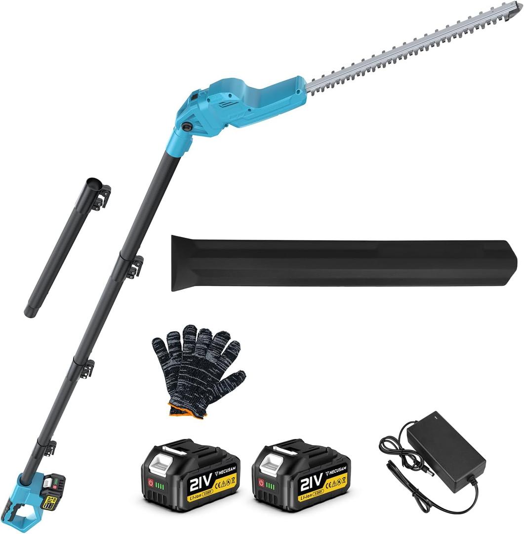 Brushless Pole Hedge Trimmer Cordless, 20.5" Dual-Action Blade180 Adjustable Head Electric Bush Trimmer, 24000mAh Batteries, Up to 14.9FT Reach Battery Powered Hedge Trimmers for Shrubs Pruning