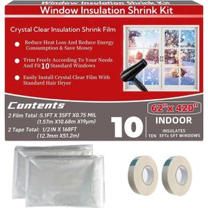 Indoor Window Insulation Kit, Clear Window Film for Heat and Cold (10 Windows(62x420))