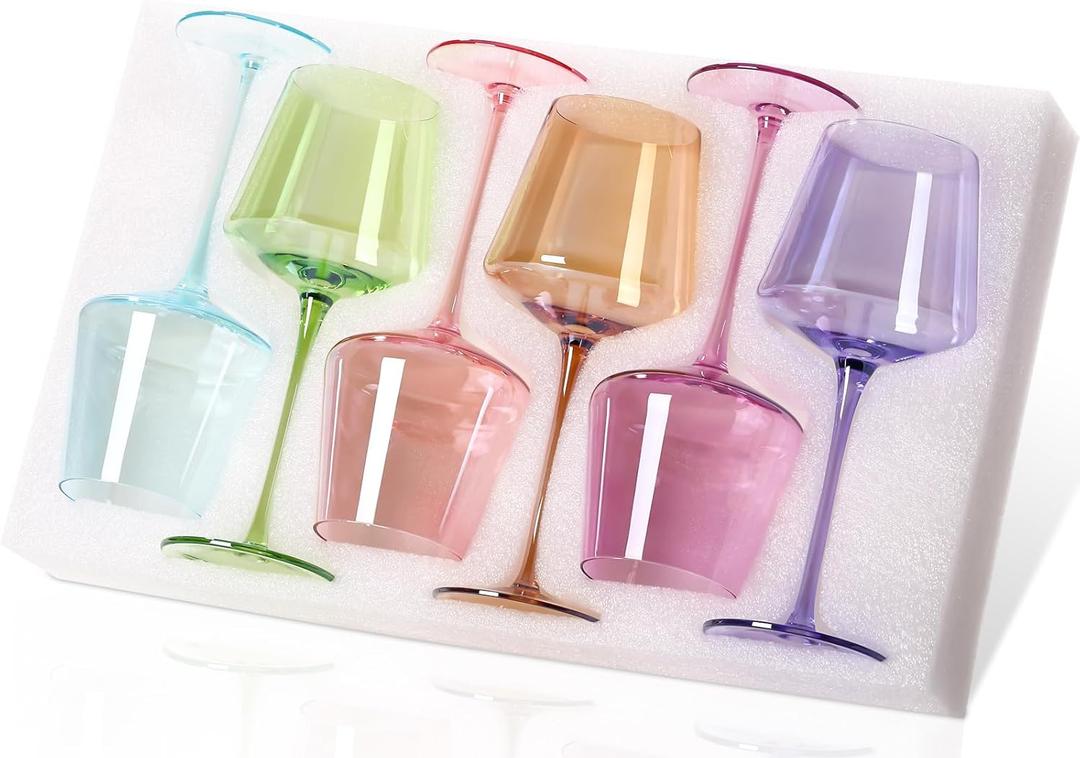 Physkoa Colored Wine Glasses Set of 6-16oz Hand Blown Crystal Colorful Wine Glasses with Long Stem, Multicolor Wine Glass for Wine Lovers, Mother's Day, Wedding, Birthday Gifts for Women