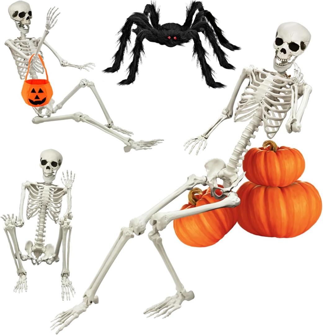 UMEELR 5.4FT Halloween Life Skeleton with Spider, Full Size Skeleton for Halloween Patio Lawn Garden Props Spooky Party Decoration
