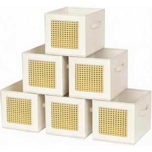 homyfort Cube Storage Organizer Bins, 11x11 Inch Bins Baskets Box for Cube Storage, Made from Natural Bamboo and Sturdy 210D Oxford Fabric, Set of 6, Beige