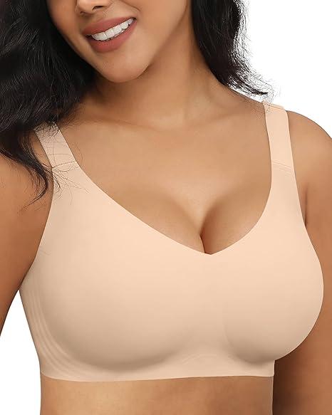 Vertvie Jelly Wireless Bras for Women Push Up Plunge Seamless TShirt Bras No Underwire Supportive Full Coverage Bralettes(Jacquard Nude,L