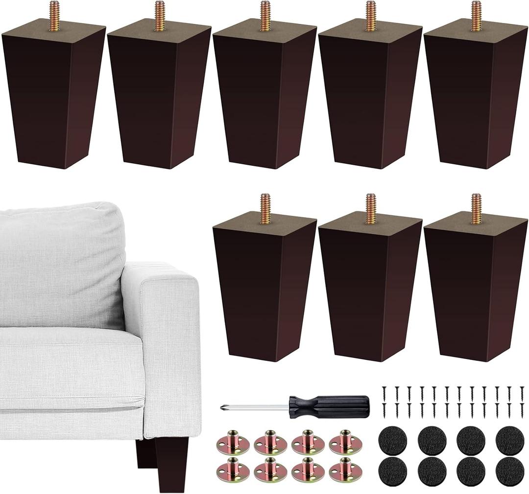 TURSTIN Set of 8 Furniture Legs 4 Inch Square Solid Wood Couch Legs Replacement Sofa Legs Mid Century Furniture Feet for Armchair Bed Dresser Cabinet Include Installation Hardware, Brown