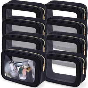 8 Packs TSA Approved Toiletry Bags Clear Toiletry Bags for Travel PVC Makeup Pouch Waterproof Quart Size Clear Cosmetic Bag with Zipper for Airport Airline Compliant Bag Women Men Travel Bathroom (Black)