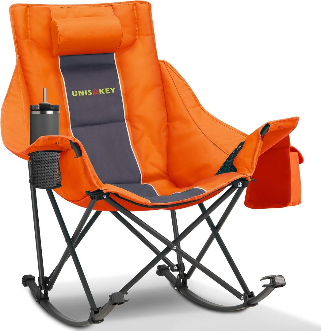 Unisakey Oversize Foldable Rocking Camping Chair,300lbs Capacity,Orange | With headrest & cup holder, easy fold portable design, ideal for camping, backyard & beach, supports up to 300lbs