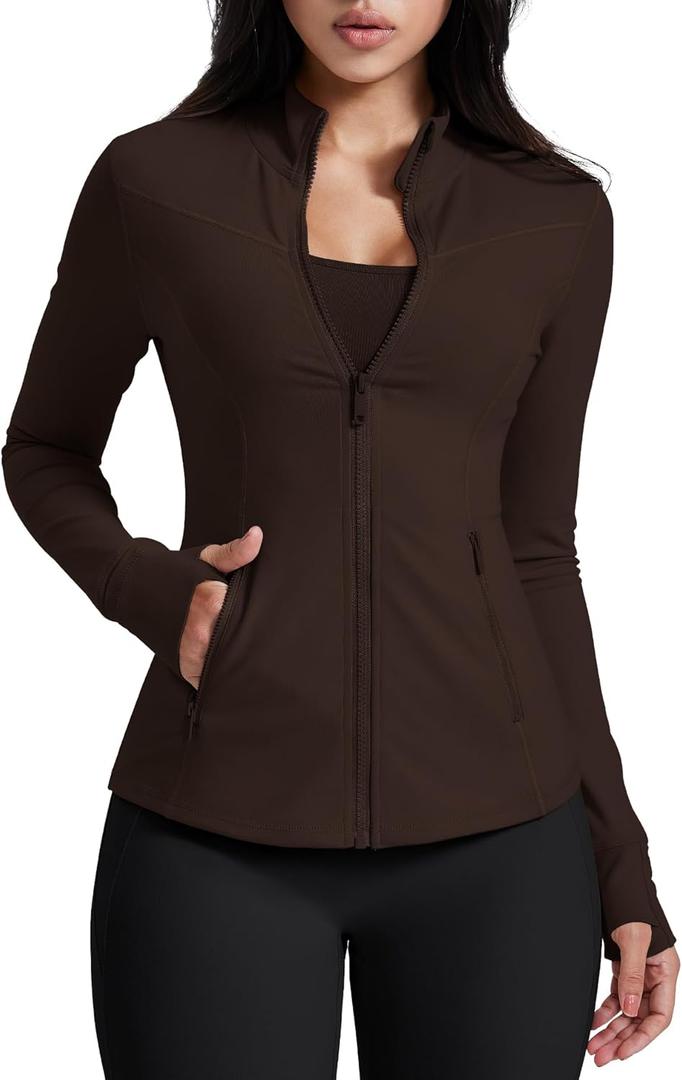 AVGO Womens Running Jackets Lightweight Slim Fit Workout Jacket Zip Up Athletic Track Gym Tops with Pockets & Thumb holes (Small, Roasted Brown)