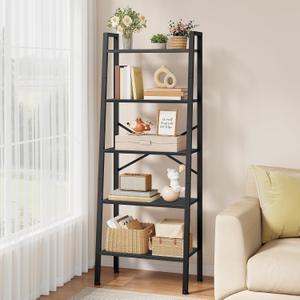 Hoctieon 5-Tier Industrial Ladder Bookshelf, Narrow Ladder Shelf, Tall Standing Bookshelf, Skinny Open Ladder Shelf, for Living Room, Home Office, Kitchen, Bedroom, Metal Frame, Black