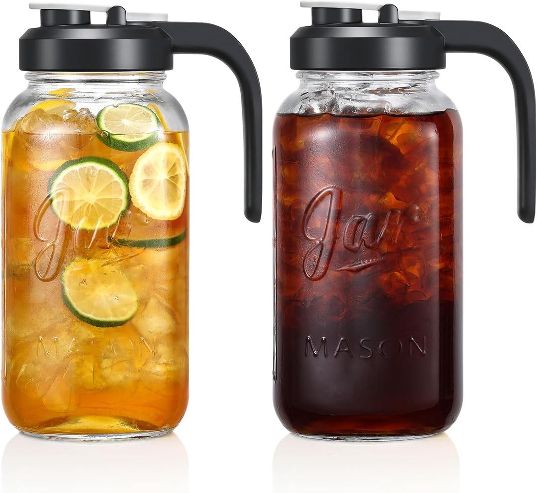 Glass Pitcher with Lid - 2 Quart Mason Jar Pitcher with Filter Lid, Wide Mouth Jar Leak-proof Water Jug, Heavy Duty Container for Water, Juice, Milk, Tea, Iced Coffee, and Drinks - Set of 2