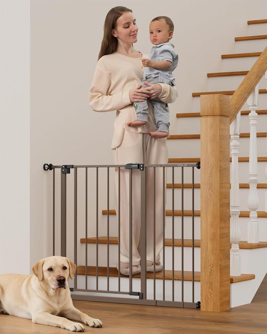 InnoTruth 29.540.75" Baby Gate for Stairs, 30" Tall Dog Gates for Doorways & Hallways, Safety Gate for Kids & Pets, Pressure-Mounted Walk-Through with Dual Lock & 2-Way Swing, Brown