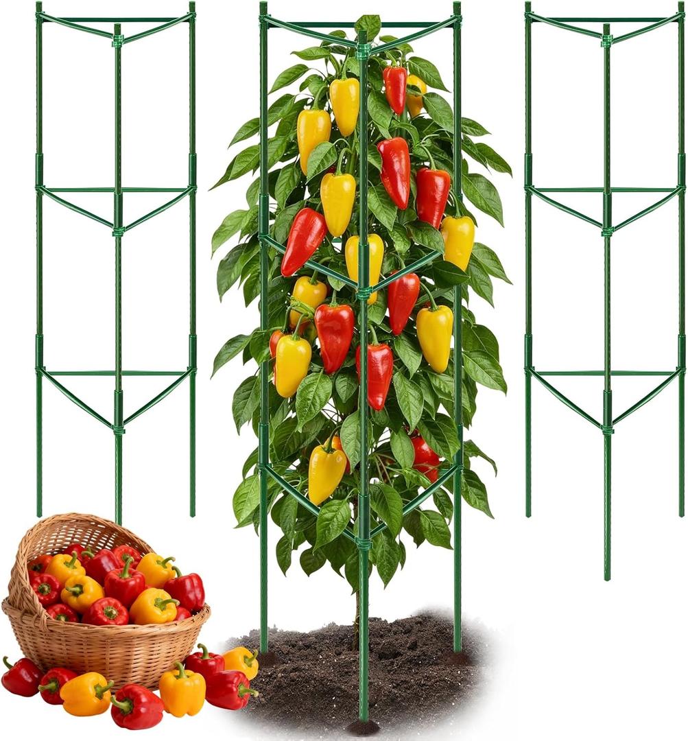 3 Pack Pepper Cages for Garden, 48" Adjustable 13 Tier Pepper Plant Support, Heavy Duty Steel Pepper Cage, Rust-Resistant Triangle Frame for Grow Bags, Patio & Raised Beds, Tomato Cage Alternative