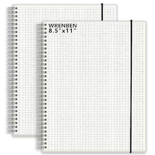 WRENBEN 8.5" x 11" Dotted Spiral Notebook with 120 GSM Thick Paper, Removable Elastic Band and Transparent Hard Cover, 160 Pages per Notepad (2 Pack, A4)