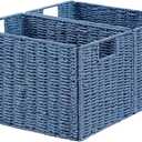 Vagusicc Wicker Storage Basket, Set of 2 Hand-Woven Paper Rope Wicker Basket, Large Storage Baskets for Organizing Toilet Paper, Foldable Cube Storage Organizer Bins for Shelves (Blue)