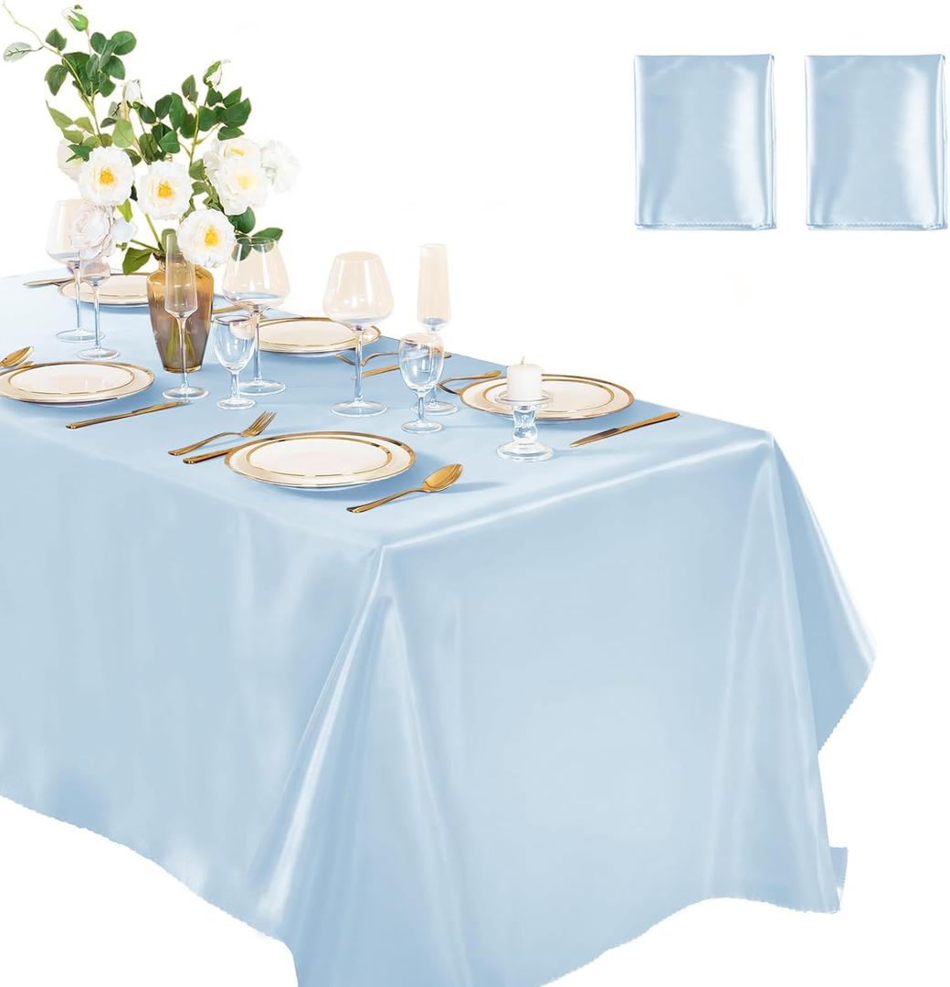 Horbaunal 2 Pack Light Blue Satin Tablecloth 60 x 102 Inches Rectangle Satin Table Cover Bright Silky TableCloths Smooth Table Decoration for Wedding Party Banquet
