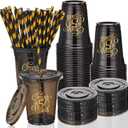 150 Pcs 50th Birthday Cups 12 oz Cheers to 50 Years Disposable Plastic Cups Black Gold Cold Beverage Drinking Tumblers Bulk for Men Women Birthday Wedding Anniversary Party Decorations Favors