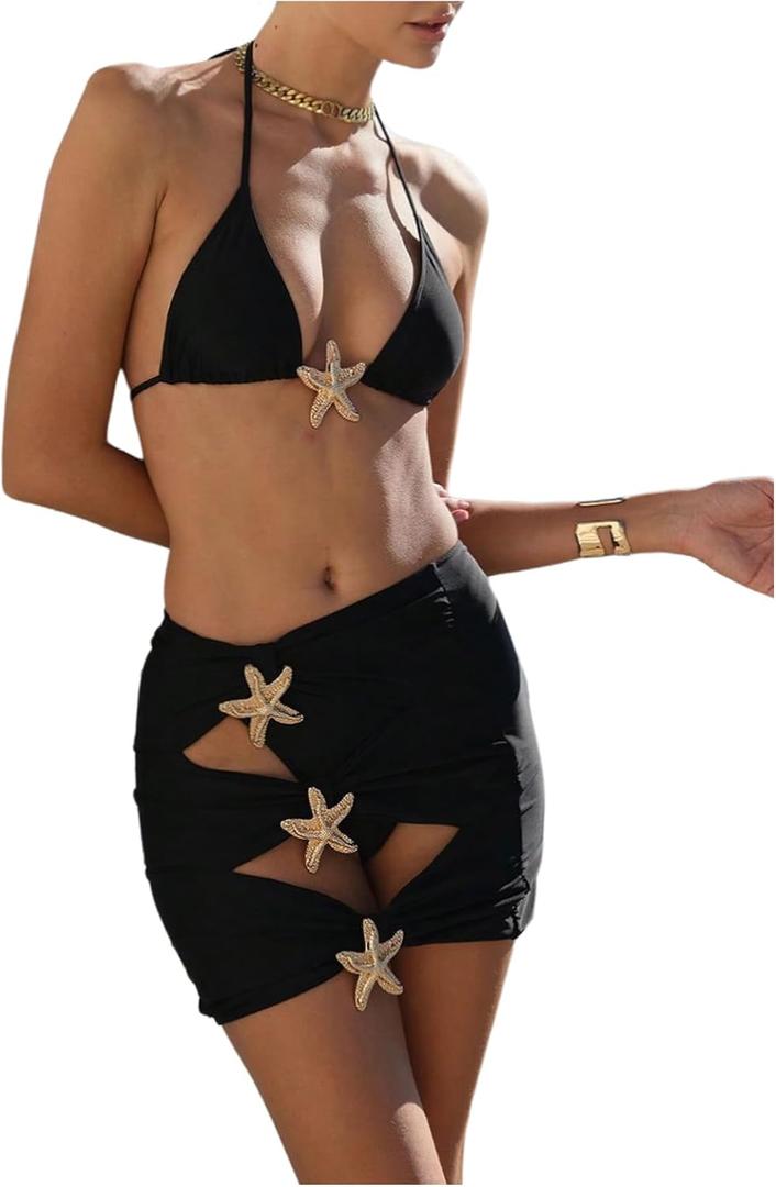 MakeMeChic Women's 3 Piece Bikini Set Halter Triangle Metal Starfish Swimsuit with Cut Out Cover Up Skirt (Medium, Black)