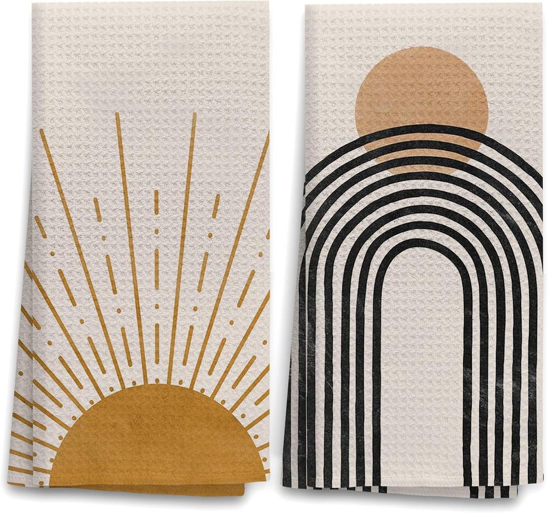 OHSUL Boho Sun Sunrise Sunset Sunshine Line Rainbow Highly Absorbent Kitchen Towels Dish Towels Dish Cloth Set of 2,Bohemian Hand Towels Tea Towel for Bathroom Kitchen Decor,Boho Lover Gifts