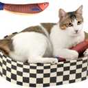 Cat Scratcher Bed,2 in 1 Oval Cat Scratching Board for Indoor,Scratch Pad Corrugated Cardboard Lounge Bowl Nest Couch Sofas for Kitty Play&Rest,Holiday Birthday Gift with Kittens Toy Fish (Cat Toy Fish+Checkerboard)