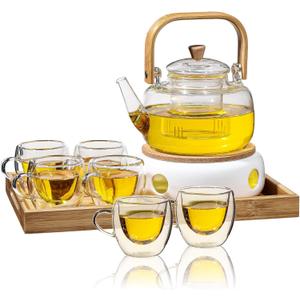 Sliner 9 Pcs Tea Set Glass Teapot, 33.8 oz Clear Glass Tea Kettle with Infuser 6 Pcs Insulated Cups Ceramic Teapot Warmer Wooden Bamboo Serving Tray(Delicate)
