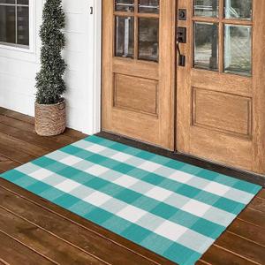 Spring Rugs Green and White Plaid, 28 x 43 Area Rug Outdoor Indoor Easter Front Porch Door Mats Cotton Hand-Woven Layered Doormat for Entryway Patio Entryway Laundry Bedroom Living Room