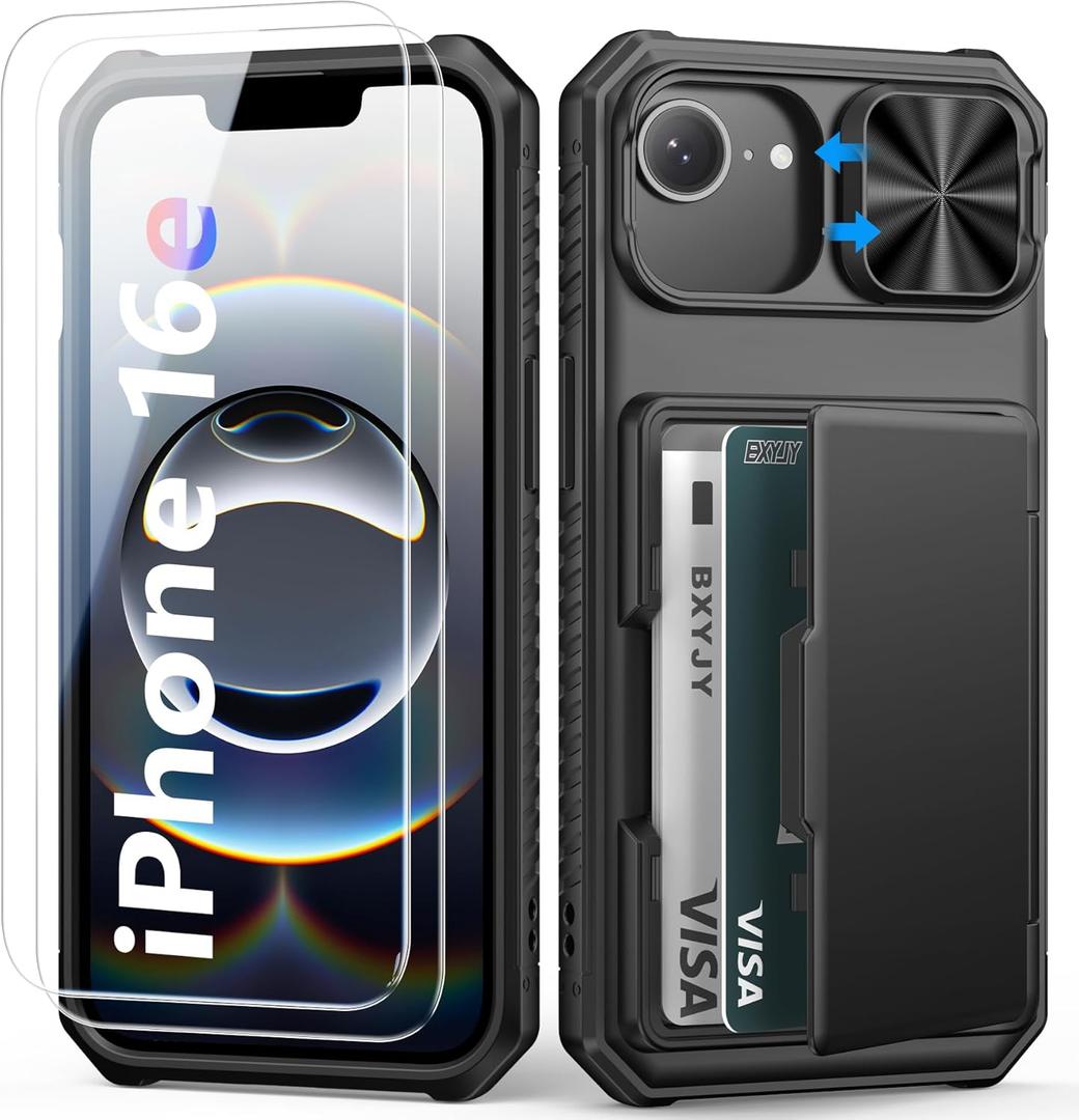 for iPhone 16e Wallet Case with Screen Protector (Tempered Glass), Card Holder (4-5 Cards), Slide Camera Cover, Military Grade Rugged, Heavy Duty Men Women Shockproof Case for iPhone 16e, Black