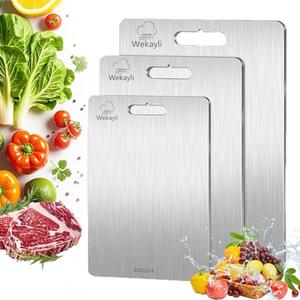 Wekayli Stainless Steel Cutting Board, 3 PCS Cutting Boards for Kitchen, 304 Stainless Non Stick Chopping Cutting Board for Meat Fruit & Vegetable (15 x 11, 13x 9, 10 x 6 in)