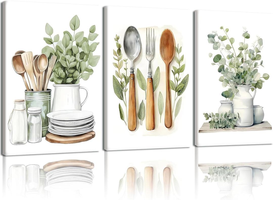 Doqueodas 3pcs Sage Green Kitchen Canvas Framed Wall Art Plant Farmhouse Style Utensils Images, Green Plant Minimalist Poster Print Suitable for Restaurant and Living Room Wall Decor 12x16 inch (Plant-based tableware)