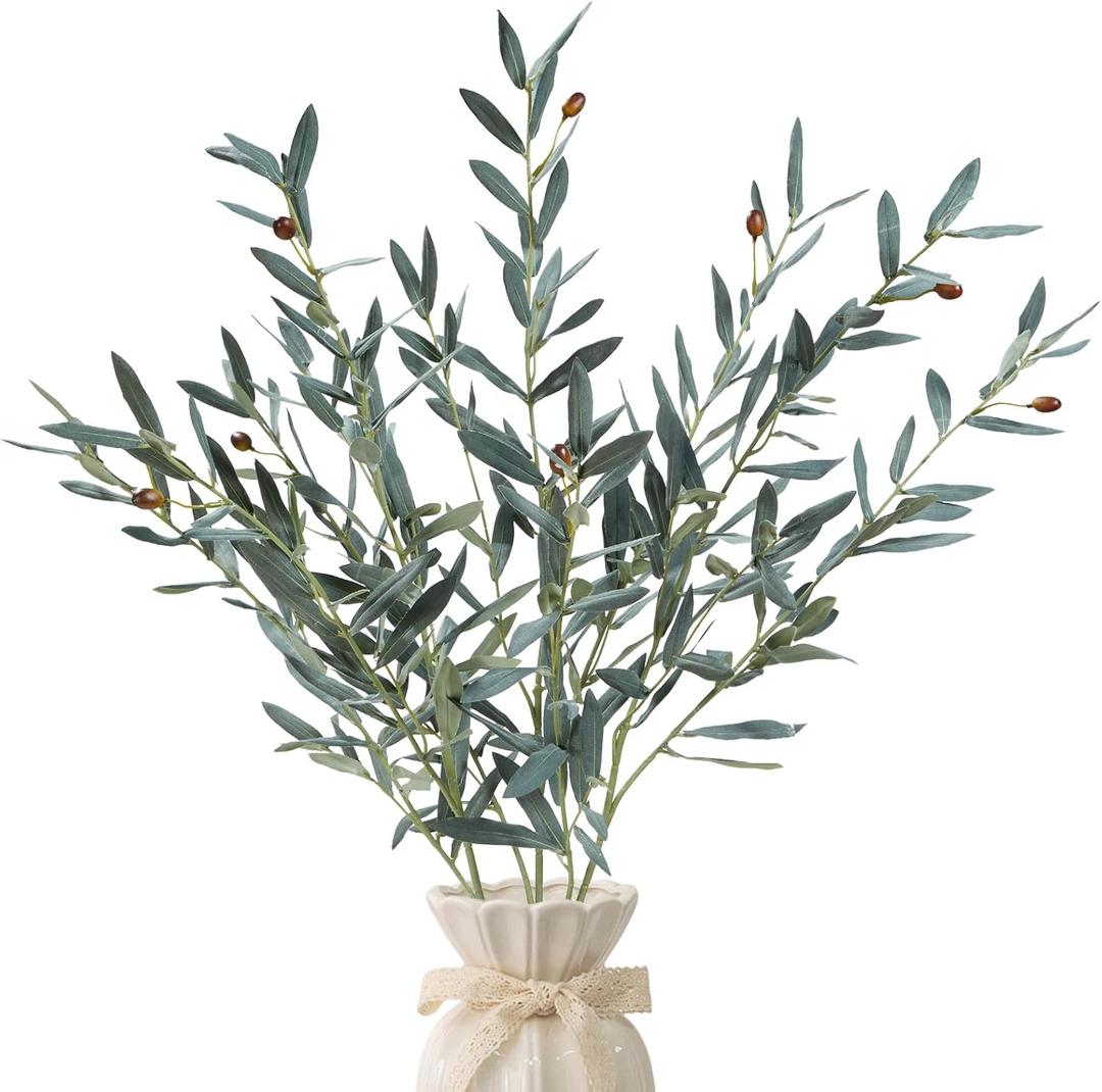 35inch Artificial Olive Branches for Vases,3pcs Bendable Faux Olive Branches with Fruits,Greenery Stems for Living Room Home Decor,Coffee Table Decor(Vase Not Included)