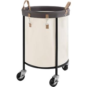 StorageWorks 110L Rolling Laundry Basket, Clothes Hamper with Wheels, Round Clothing Cart with Steel Frame and Removable Bag, 4 Casters and 2 Brakes, Beige, 1-Pack