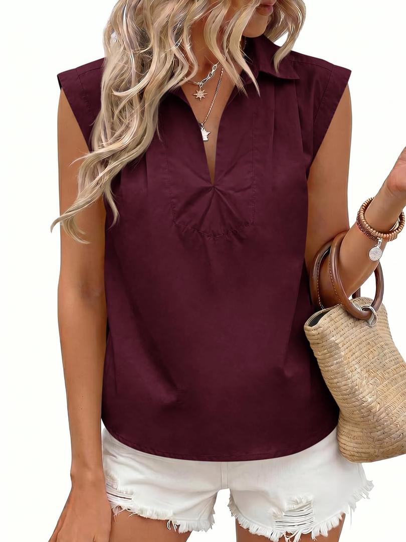 Tankaneo Womens Summer V Neck Tank Tops Collared Sleeveless Shirts Trendy Casual Loose Fit Blouse Burgundy (S)
