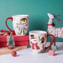 Topadorn Christmas Ceramic Coffee Mug Travel Cup Gift with Lid 18 oz, Porcelain Tea Cup with Handle for Home & Office, Set of 4 Mugs Holiday Gift for Friends and Family