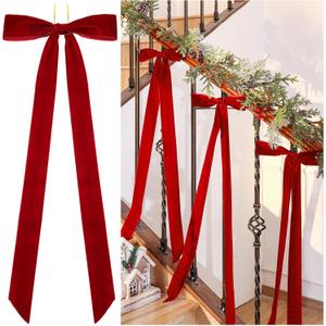 6 Pcs Large Velvet Christmas Bow 10'' x 33'' Pre Tied Velvet Ribbon Bows Wired Christmas Tree Topper for Xmas Garland Home Door Outdoor Decorations(Red)