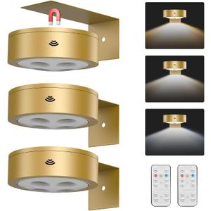 EUIOKUN 3Pack Wireless Picture Light,Battery Operated Painting Light with Remote,Magnetic Timer Display Art Lamp for Wall,Dimmable Picture Frame Light for Frame Artwork,Wall Decor Puck Lights-Gold