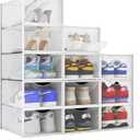 BINO 12-Pack Plastic Stackable Shoe Box Set - Clear | Foldable Shoe Storage Container | Sneaker Bins | Shoe Rack Box | Transparent | Portable Stacking Shoe Boxes Front Open