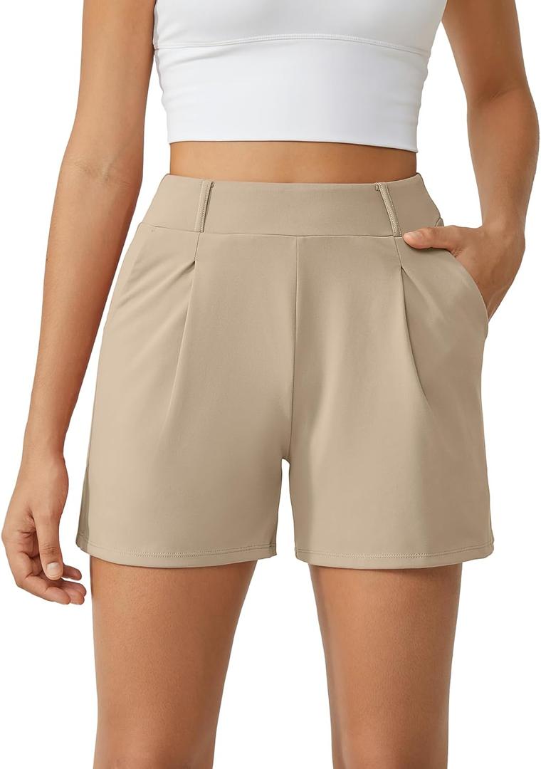 G4Free 2025 Trendy Shorts for Women Dressy Casual High Waisted Lounge Summer Pleated Shorts with Pockets (M Light Khaki)