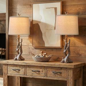 OYEARS 23" Rustic Farmhouse Table Lamp Country Cottage Lamps for Nightstand Tree Trunk Wood Grain Lamp for Bedroom Living Room with Oatmeal Fabric Round Shade Resin Bedside Lamp (Twig Dark Brown)