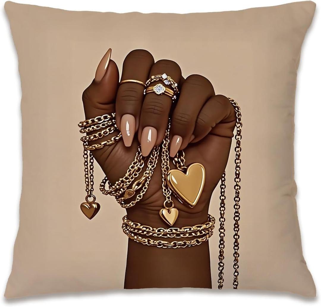Fashion Black Woman Gold Jewelry Pillow Covers 18x18, Inspirational African American Gifts for Black Women, Modern Afro Glam Decorative Throw Pillow Covers Pillowcases for Home Room