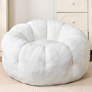 Flower Bean Bag Chair for Teens and Young Adults, Soft Faux Fur Floor Seating with Memory Foam, Aesthetic Room Decor Cozy Lounger for College Dorm, White, Large