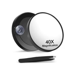 40X Magnifying Mirror with 2 Suction Cups, 3.5 inches Magnified Makeup Mirror and Slant Tweezers, Black, 1PC