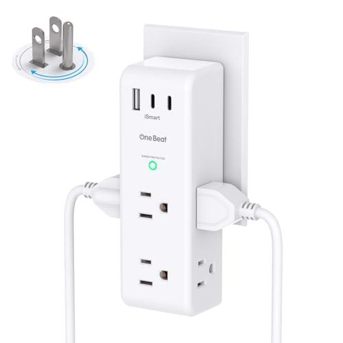 Surge Protector Outlet Extender with Rotating Plug, 6 AC Multi Plug Outlet with 3 USB Ports (2 USB C), 1800 Joules, 3-Sided Swivel Power Strip with Spaced Outlet Splitter for Home, Office, Dorm, White